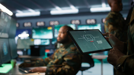 Military agent working in control room, using software on tablet, analyzing aerial reconnaissance data. Close up of intelligence corps expert controlling drones with portable device, camera Bの写真素材