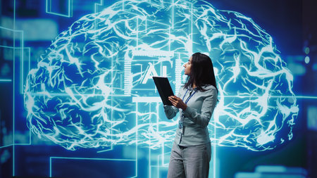 Developer using tablet to implement artificial intelligence parallel processing, breaking up complex computational tasks enabling AI systems to process more input data faster, camera Bの写真素材