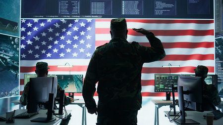 Russian military commander in high tech government control room spreading war propaganda, making threats. Russian army soldier stealing classified information and secrets. Camera A.の写真素材