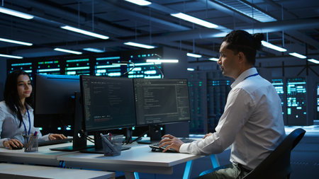 Engineer overseeing data center, making improvements and updates to ensure system can handle networking tasks, handheld camera shot. Indian man in server room tracking network traffic, camera Bの写真素材