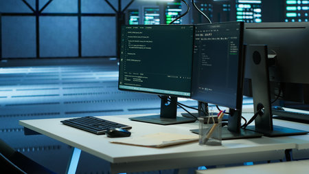 Computers in data center used for monitoring security attacks threatening supercomputers rows. PCs used by futuristic server hub workplace admins to protect equipment, handheld camera shotの写真素材