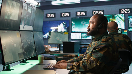 Army telecommunication systems operator providing combat support using gathered information on enemy troops. Military dispatcher managing communications networks in base of operations, camera Bの写真素材