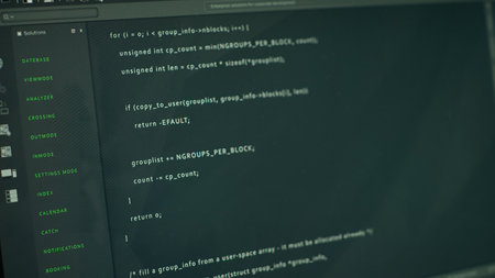 Computer peripherals and screens in server farm used to ensure optimal performance and reliability, managing gear. Close up of devices in high tech data center used for overseeing network connectionsの写真素材