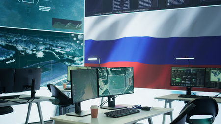 Empty mission control center with the russian flag on big screen, dealing with a terrorist attack with high tech gear. Controlling the people. Camera B.の写真素材