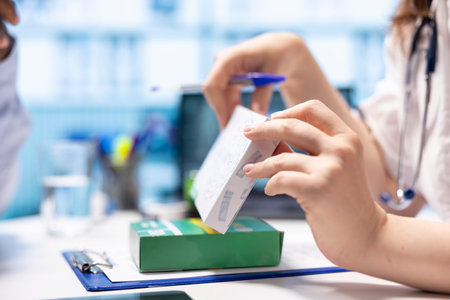 General practitioner showing vitamins and antibiotics to patient, prescribing a medical treatment for wellness and recovery. Female medic recommending drugs after diagnostics. Close up.の写真素材