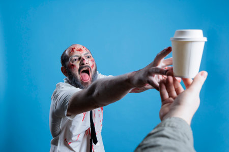 Man starving for coffee, shouting and demanding cup, suffering from addiction. Upset worker looking like zombie, needing caffeine to function, yelling, studio backgroundの写真素材