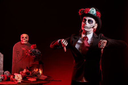 Lady doing thumbs down sign during Dia de los Muertos, preserving cultural traditions. Woman doing...