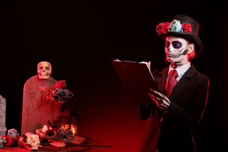 Woman holding clipboard, checking inventory of Day of the Dead Mexican event honoring dead loved...