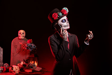 Woman doing telephone call during Dia de los Muertes indigenous rites of honoring the dead. Lady...