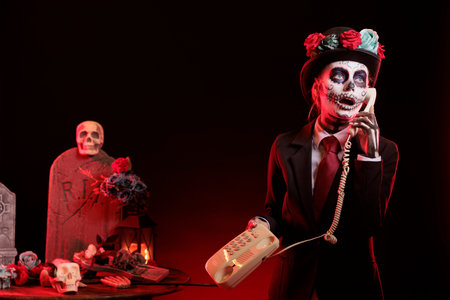 Lady talks on cord telephone at religious processions during Dia de los Muertos holiday. Woman uses landline phone to answer call, wearing skeleton makeup symbolizing reverence for deceasedの写真素材