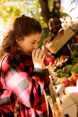 Young lady looking at apples at farmers market, selecting locally sourced, organic fruits and vegetables from a stand while attending the harvest fair festival. Caucasian woman choosing fresh produce.の写真素材