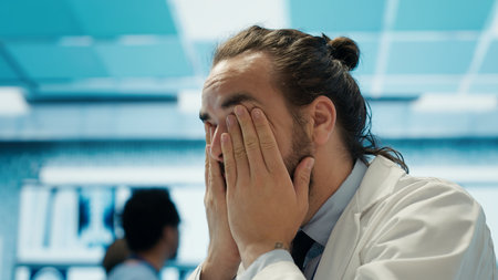 Worried doctor feeling tired and struggling with analytics for a diagnosis, overworked medic under pressure in private facility. Physician expert trying to provide treatment. Camera A.の写真素材