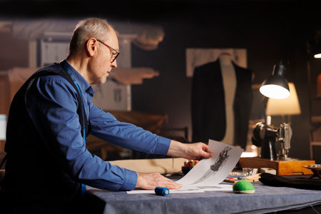 Creative elderly fashion designer creating outfits for upcoming fashion runway show project,...