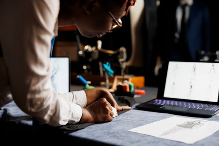 Close up shot of fashion designer meticulosuly fitting suit blazer seam for client. Skilled tailor making custom premium quality stylish sartorial garment in atelier shop workspaceの写真素材