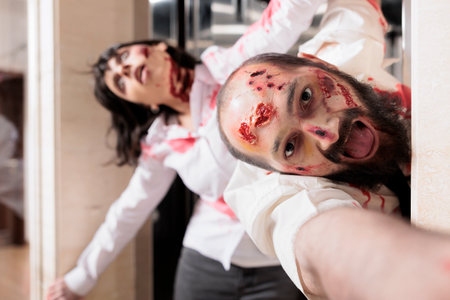 Employees goofing around in office building, dressed as zombies for Halloween party. Coworkers covered in fake wounds pretending to be undead coming out of elevator, having funの写真素材