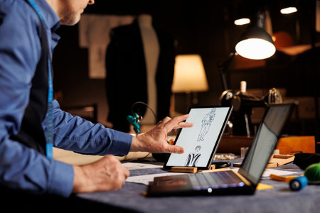 Old skilled fashion designer creating bespoken sartorial clothing in tailoring studio. Dressmaker scrolling on tablet, looking for perfect handdrawn sketch to use as inspiration for customer comissionの写真素材