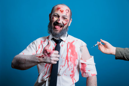 Cheerful man covered in blood and bruises receiving antidote serum after being attacked by feral animals, showing thumbs up sign. Hurt person getting remedy vaccine, studio backgroundの写真素材