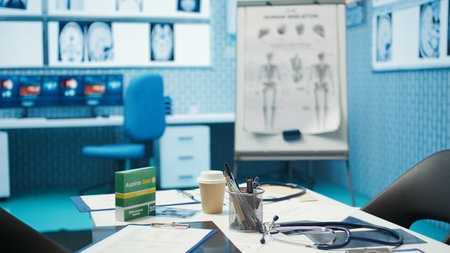 Empty office in a private clinic designed with x ray machine and modern tools used in healthcare industry, medical clinic helping with treatment plans on insurance. Disease prevention and therapy.の写真素材