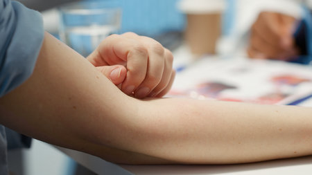 Nervous female patient with an itchy sensation feels afraid and anxious at check up visit, having a...