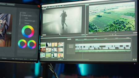 Professional video editor editing color grading and lighting in creative office, analyzing film...
