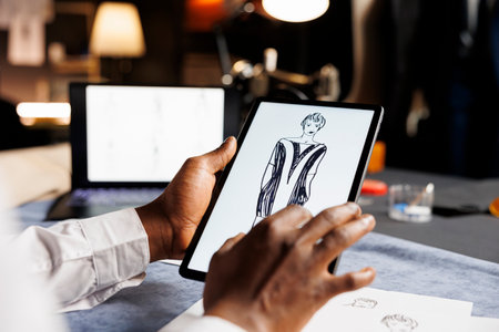 Couturer meticulously analyzing drawn sketch designs on tablet of exquisite dress comissioned by woman. Dressmaker checking last finishing details of upcoming sartorial custom handmade attireの写真素材