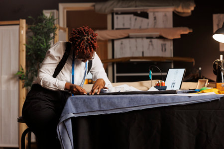 Expert focused suitmaker creating bespoken sartorial fashion collection surrounded by sewing...