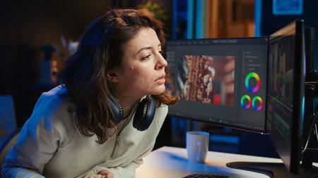 Happy videographer using professional software to create visual effects for video projects, proud of results. Smiling expert using post production techniques to edit raw clips footage, camera Bの写真素材