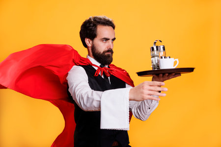 Strong hero butler concept with food plate and cape preparing to serve people at restaurant, working to help clients with meal orders. Powerful confident man in superhero mantle, luxury dining.の写真素材
