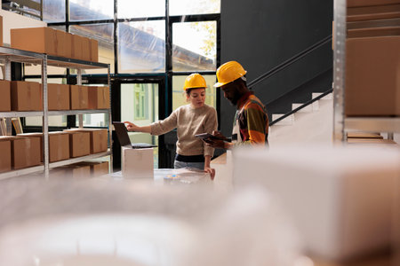Warehouse employees checking customers orders on laptop, preparing packages using cardboard boxes in...