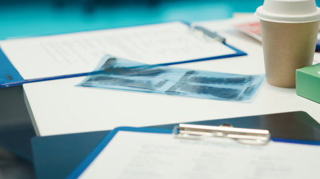 Empty medical office used by doctors to find the right diagnostic, equipped with modern tools as x ray machine. Private facility cabinet space with hospital records for healthcare industry.の写真素材