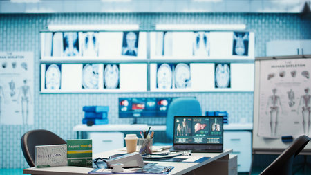 Spacious and empty healthcare office with modern medical equipment, designed for patient care and...