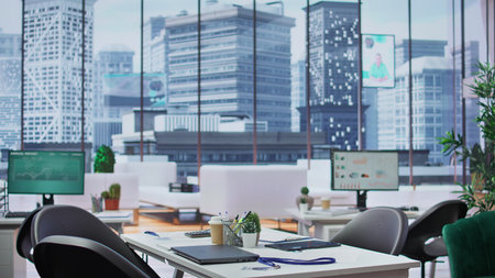 Empty well equipped business office with computers used in recruitment process, showcasing cv...