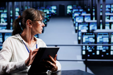 Trained engineer preparing server mainframes contingency plan, monitoring data center energy...