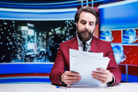 Anchorman on midnight talk show presenting latest events on international tv program, broadcasting information for television content. Entertainment segment host reading daily headlines.の写真素材