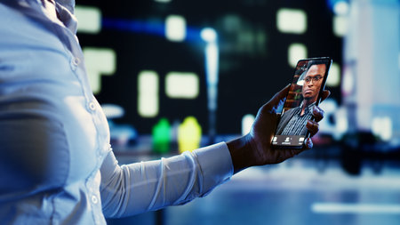 Close up shot of african american woman talking with husband in online videocall while wandering around dimly illuminated empty city streets at night, needing company to feel safeの写真素材