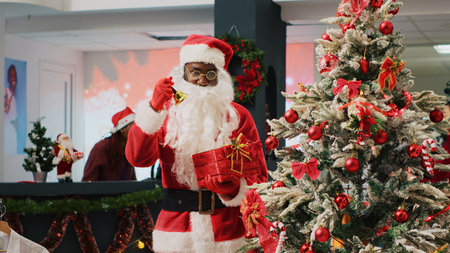 African american employee posing as Santa Claus ringing bells next to beautifully decorated Christmas tree, trying to attract customers to fashion store during promotional holiday seasonの写真素材
