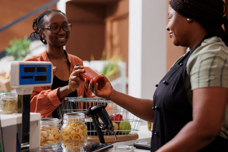 In grocery store, black woman serves a customer by selling her freshly picked organic produce. Happy customer at checkout counter gives a smiling female vendor a bottle of sauce.の写真素材