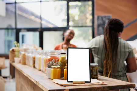 Tablet with isolated white screen vertically positioned near glass containers having organic products. While client and vendor converse, digital device displays blank mockup for bio food store ads.の写真素材