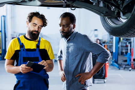Seasoned mechanic in garage using laptop to follow checklist while doing maintenance on car, talking...