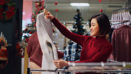 Asian client browsing through rack of clothes in Christmas themed shop, checking for fitting blouse size. Woman in xmas ornate fashion boutique during festive holiday seasonの写真素材