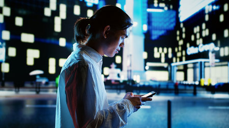 Asian man strolling around cityscape at night, browsing on the internet using smartphone....
