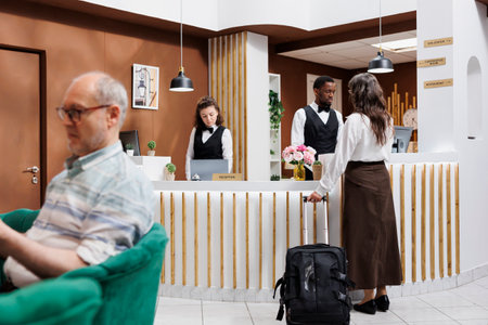 Arrival of elderly female traveler with luggage welcomed by friendly receptionists at hotel lobby while old man relaxes on sofa. Professional employees provide good service to old woman with suitcase.の写真素材