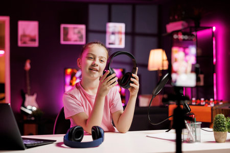 Young tech niche influencer filming headphones review, comparing maximum volume on both pairs. Child showcasing audio devices to viewers, drawing sound quality parallels between productsの写真素材