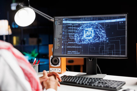 Arabian professional monitoring a futuristic network, ensuring cybersecurity. Expert in artificial...