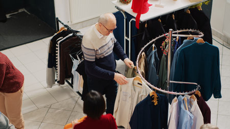 Bustling festive ornate clothing shop filled with customers in xmas frenzy looking to buy ideal presents family members. Clients in shopping spree at mall boutique during Chrismtas holiday seasonの写真素材