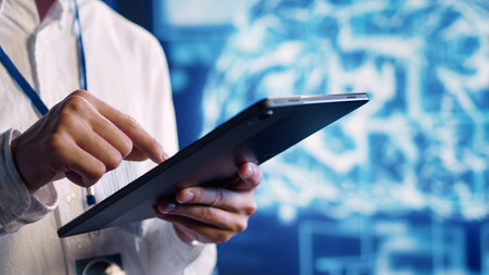 Close up shot of adept scientist in data center uses artificial intelligence computing simulating...
