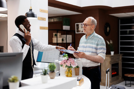Elderly retired caucasian guy signs reservation paperwork at counter of hotel lobby while african american employee takes a call. Senior customer fills out check-in papers as receptionist is on phone.の写真素材
