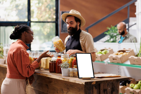 Electronic tablet with white screen is set on a table filled with food products in reusable containers. Male storekeeper is assisting black woman with choosing natural organic items.の写真素材
