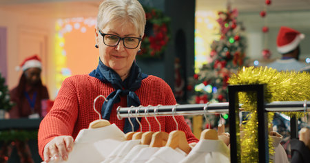 Elderly woman browsing through clothes in xmas adorn clothing store during winter holiday season....