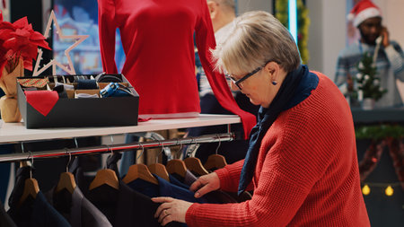 Elderly woman browsing through blazer racks in clothing store men section, looking for perfect xmas gift for husband during winter holiday season. Customer searching clothes to give as presentsの写真素材